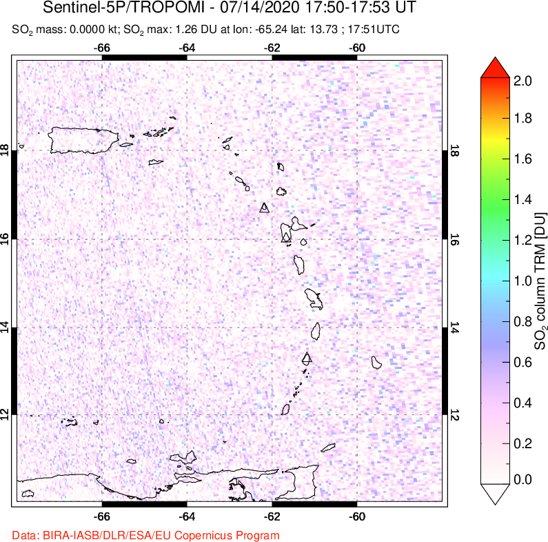 A sulfur dioxide image over Montserrat, West Indies on Jul 14, 2020.