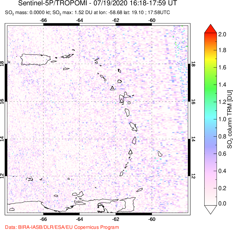 A sulfur dioxide image over Montserrat, West Indies on Jul 19, 2020.