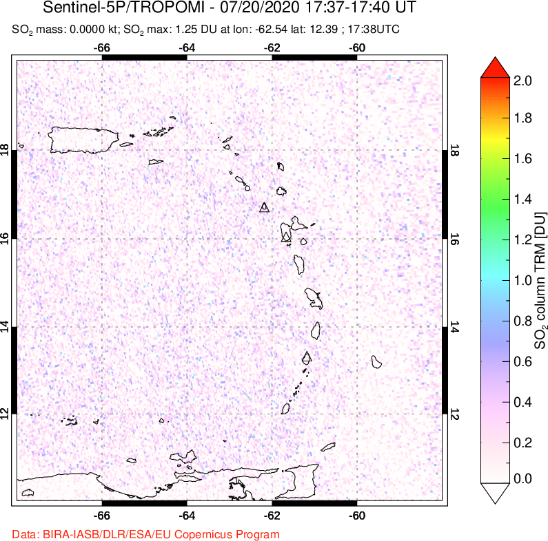 A sulfur dioxide image over Montserrat, West Indies on Jul 20, 2020.