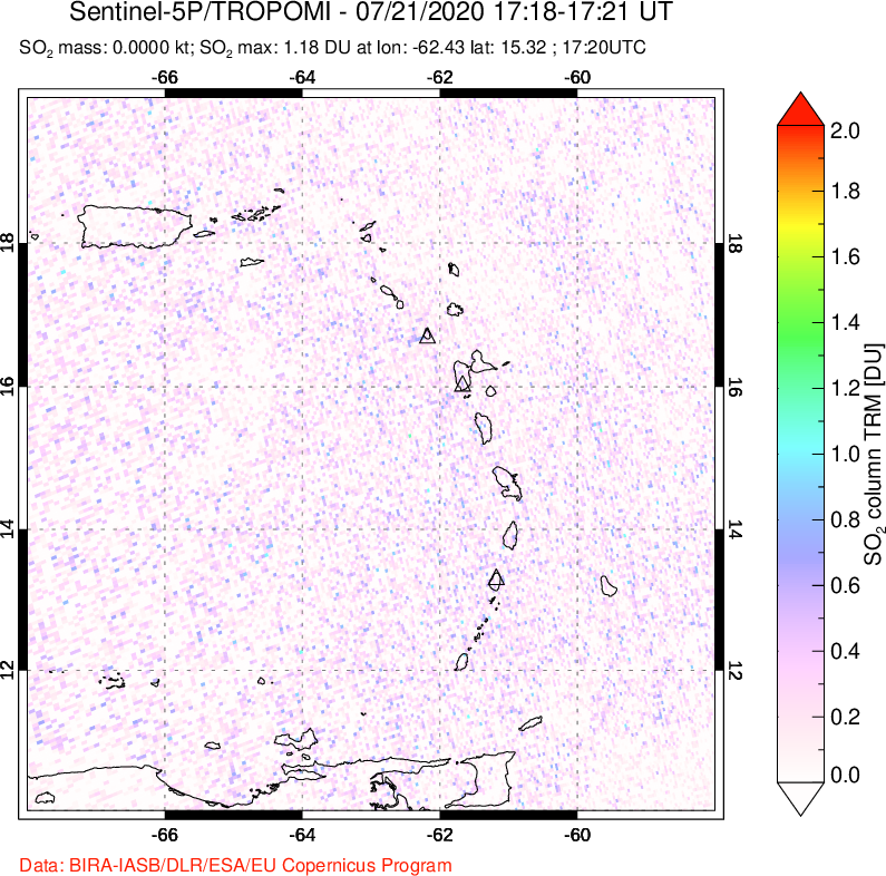 A sulfur dioxide image over Montserrat, West Indies on Jul 21, 2020.