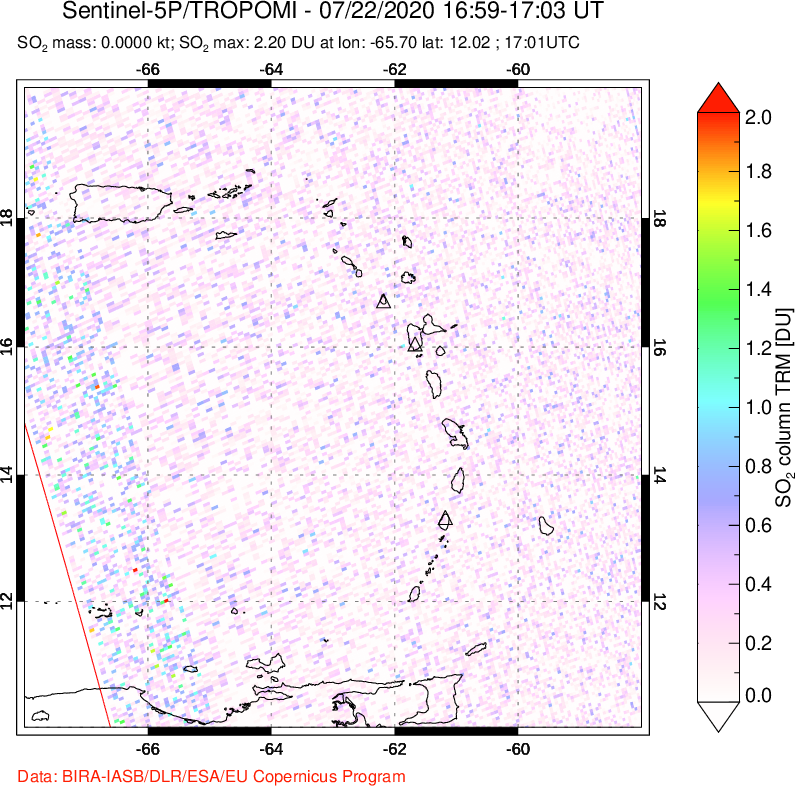 A sulfur dioxide image over Montserrat, West Indies on Jul 22, 2020.