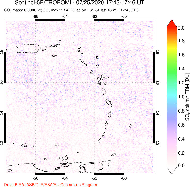 A sulfur dioxide image over Montserrat, West Indies on Jul 25, 2020.
