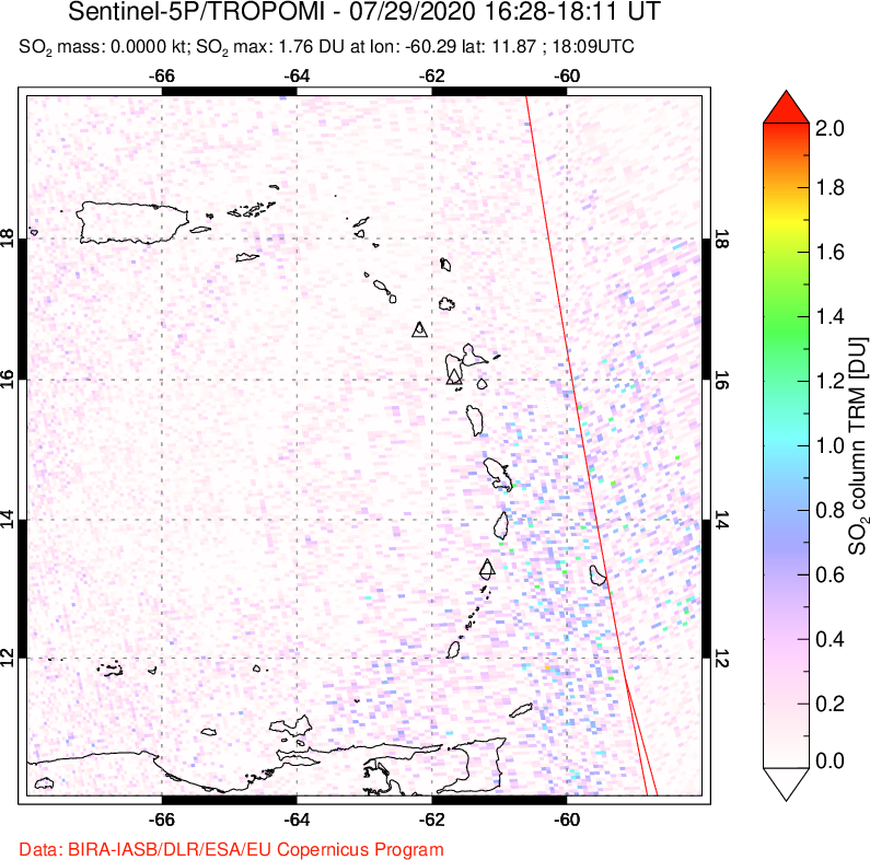 A sulfur dioxide image over Montserrat, West Indies on Jul 29, 2020.