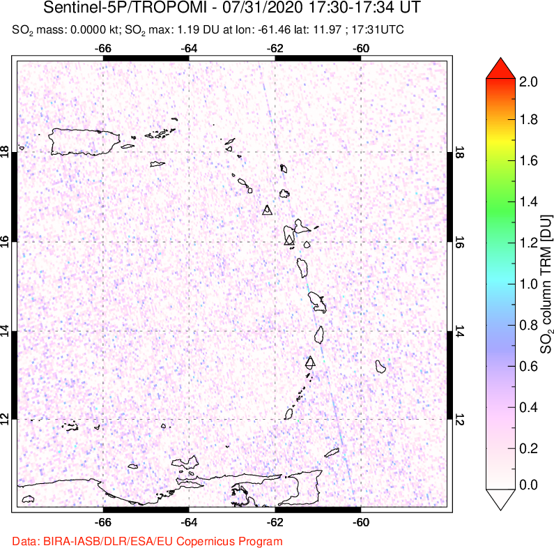 A sulfur dioxide image over Montserrat, West Indies on Jul 31, 2020.