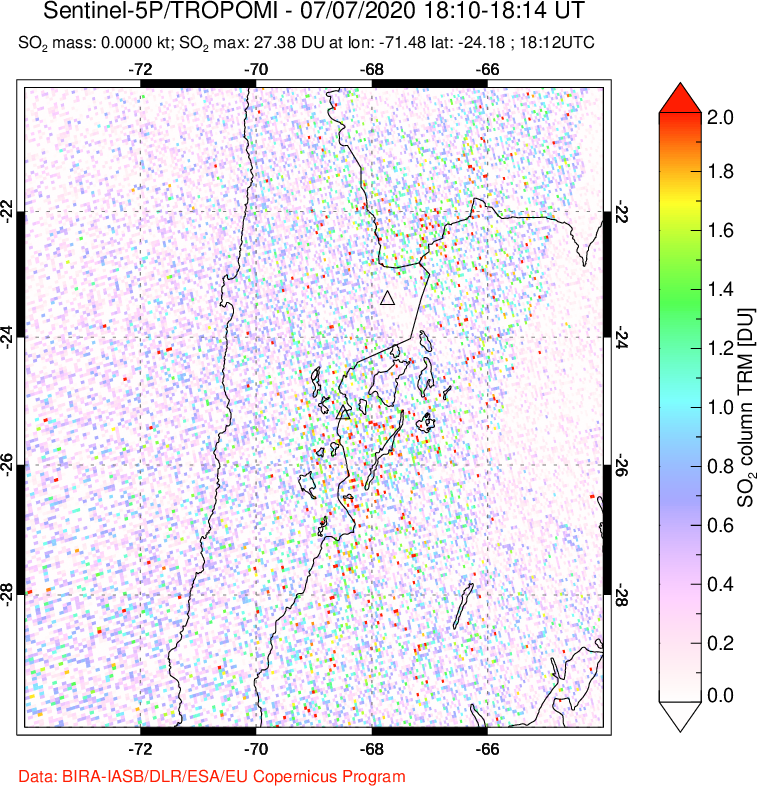 A sulfur dioxide image over Northern Chile on Jul 07, 2020.