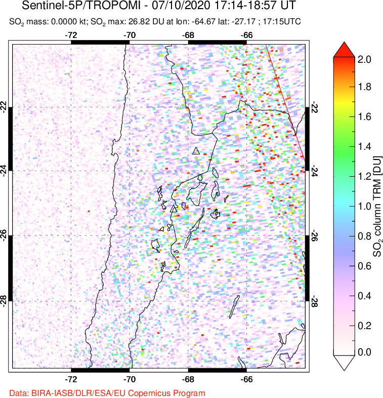 A sulfur dioxide image over Northern Chile on Jul 10, 2020.