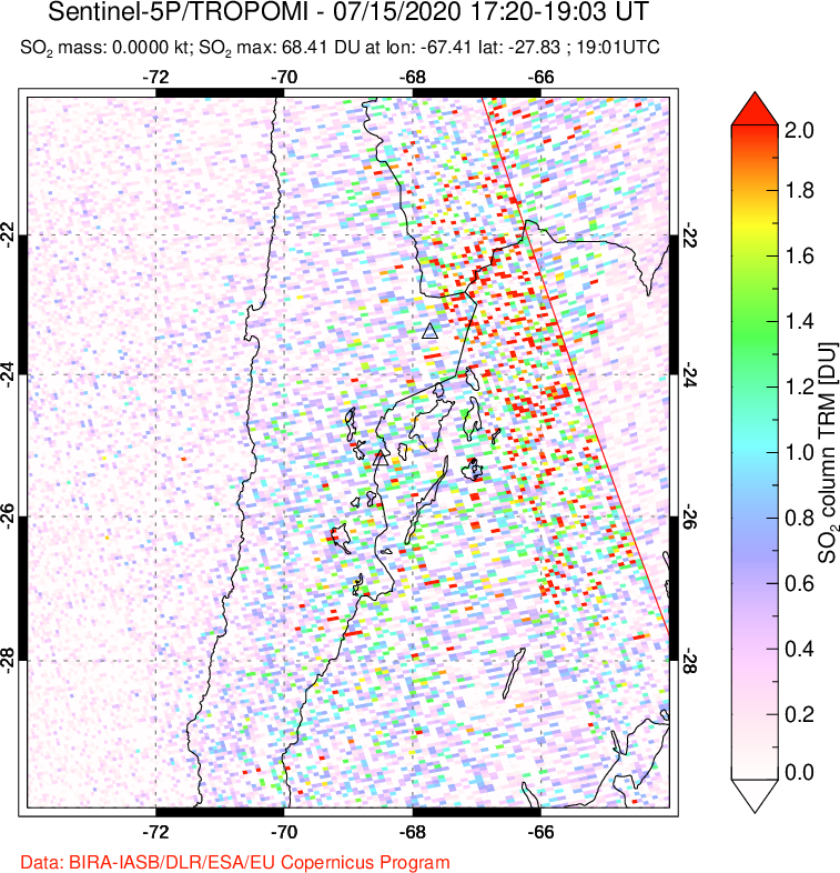A sulfur dioxide image over Northern Chile on Jul 15, 2020.