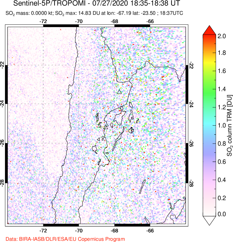 A sulfur dioxide image over Northern Chile on Jul 27, 2020.