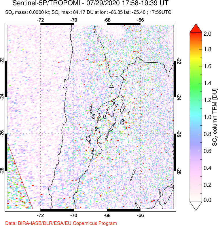 A sulfur dioxide image over Northern Chile on Jul 29, 2020.