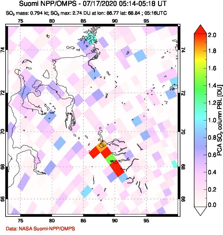 A sulfur dioxide image over Norilsk, Russian Federation on Jul 17, 2020.