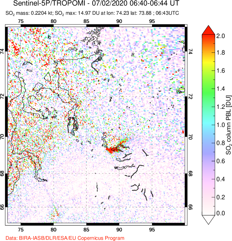 A sulfur dioxide image over Norilsk, Russian Federation on Jul 02, 2020.