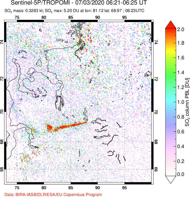 A sulfur dioxide image over Norilsk, Russian Federation on Jul 03, 2020.