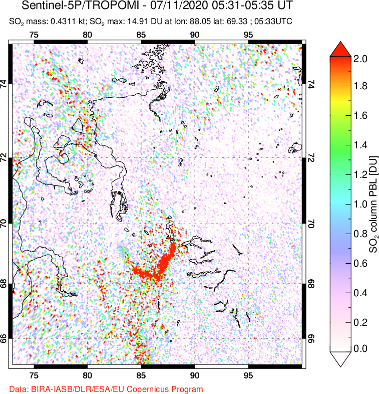 A sulfur dioxide image over Norilsk, Russian Federation on Jul 11, 2020.