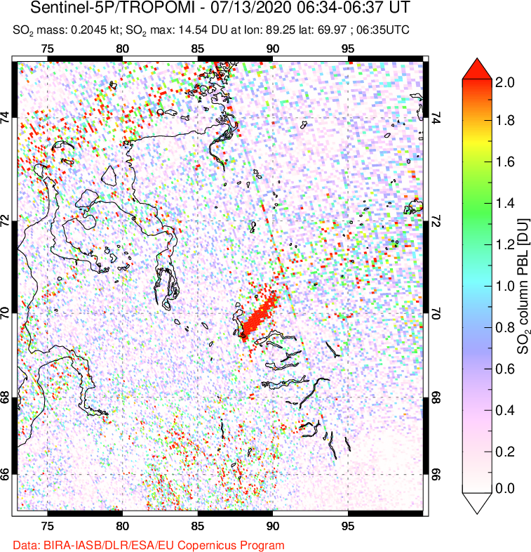 A sulfur dioxide image over Norilsk, Russian Federation on Jul 13, 2020.