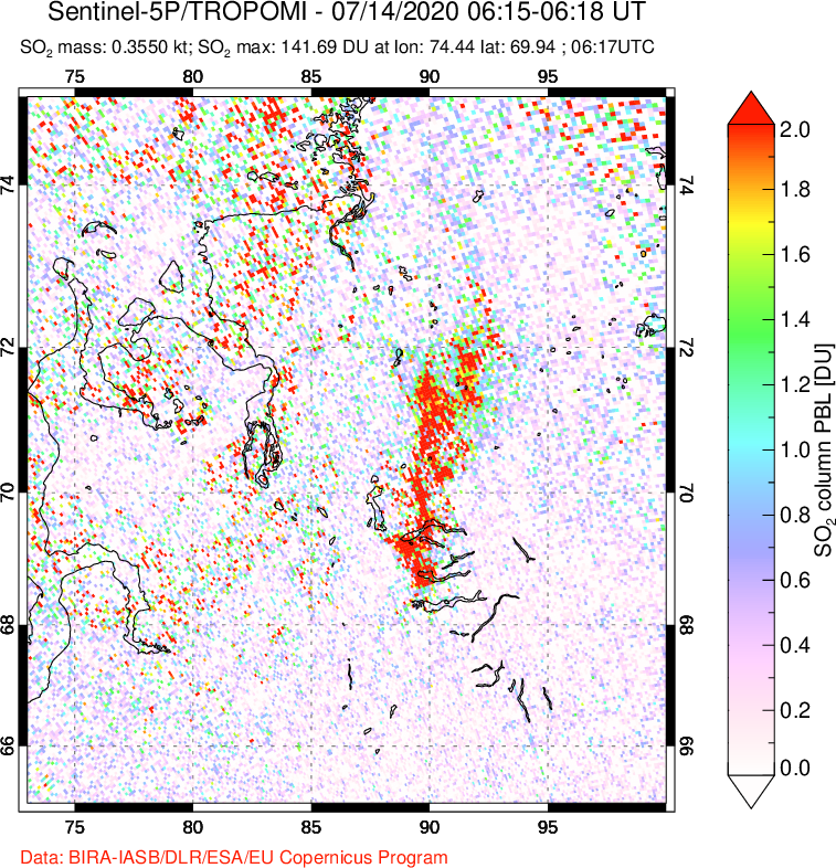 A sulfur dioxide image over Norilsk, Russian Federation on Jul 14, 2020.