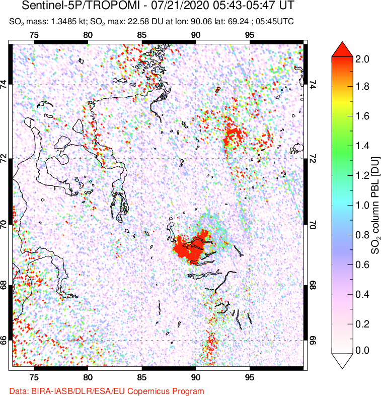 A sulfur dioxide image over Norilsk, Russian Federation on Jul 21, 2020.