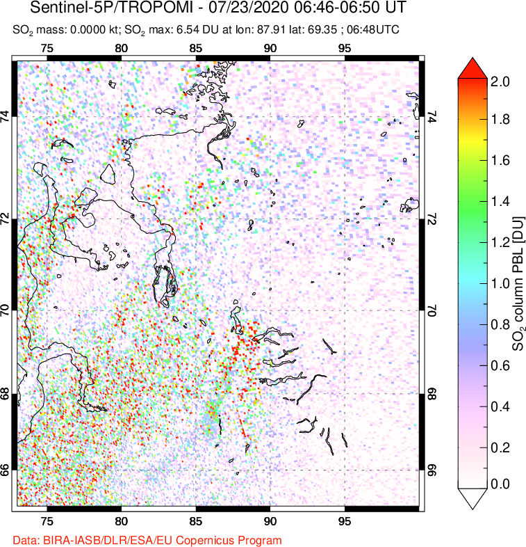 A sulfur dioxide image over Norilsk, Russian Federation on Jul 23, 2020.