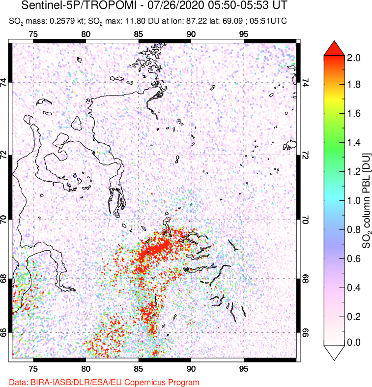A sulfur dioxide image over Norilsk, Russian Federation on Jul 26, 2020.