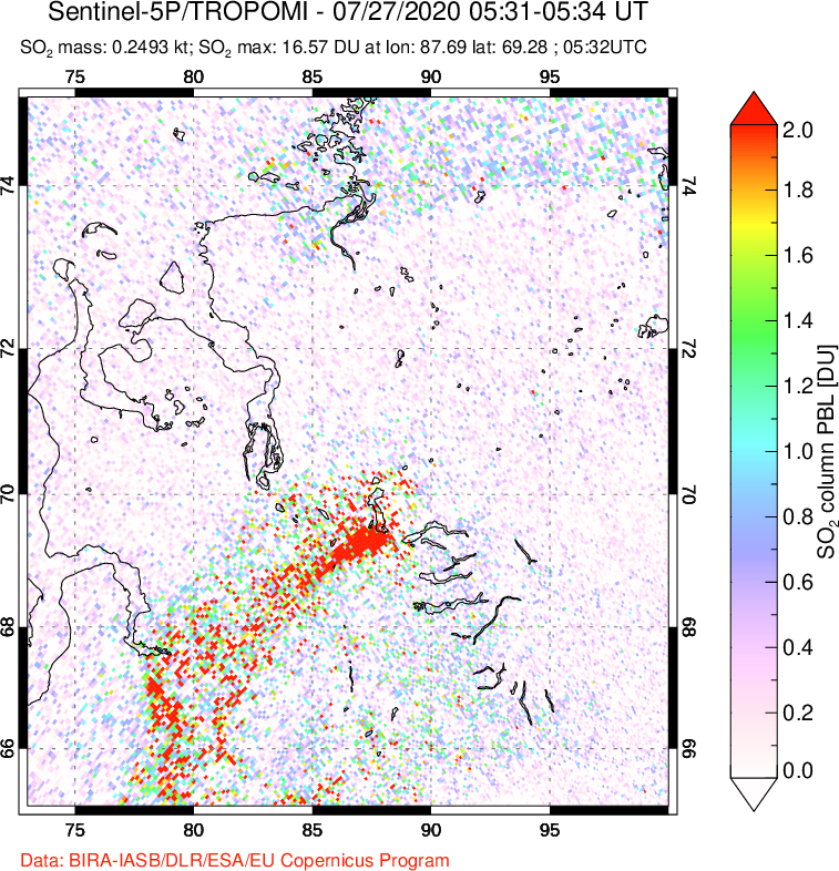 A sulfur dioxide image over Norilsk, Russian Federation on Jul 27, 2020.
