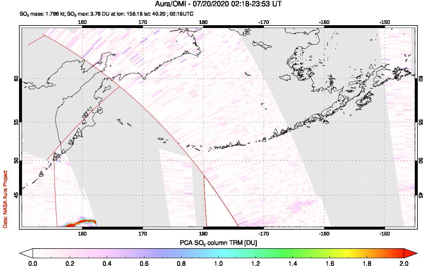 A sulfur dioxide image over North Pacific on Jul 20, 2020.