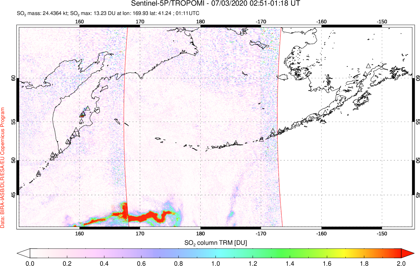A sulfur dioxide image over North Pacific on Jul 03, 2020.