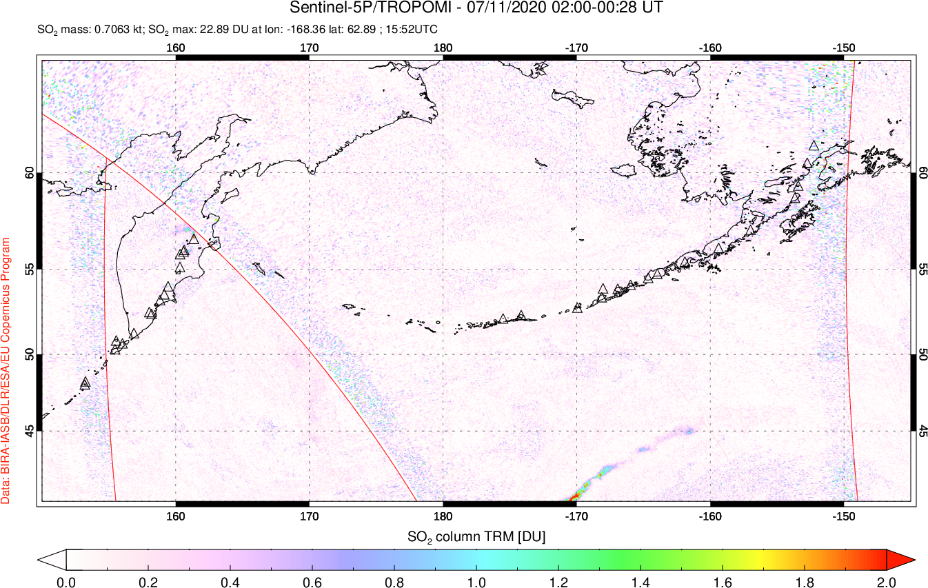A sulfur dioxide image over North Pacific on Jul 11, 2020.