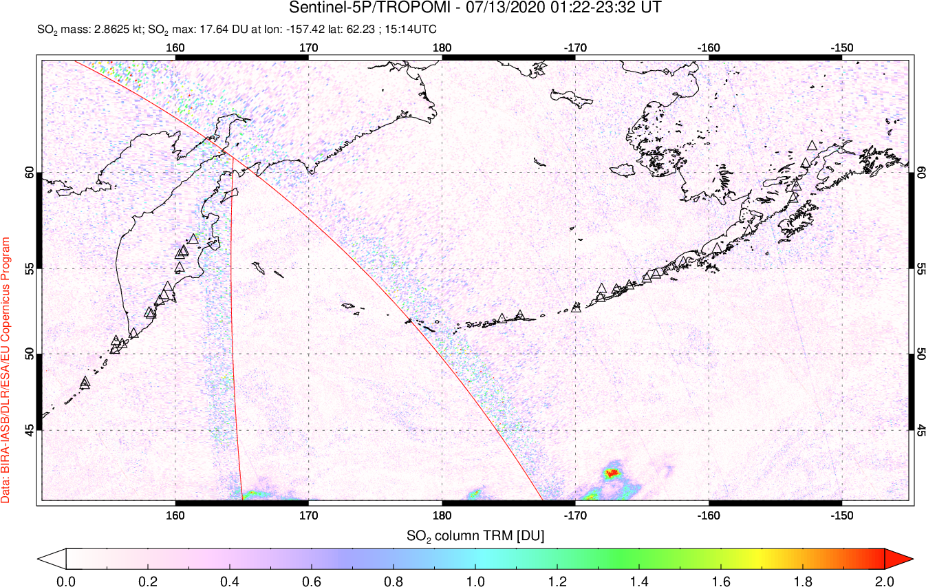 A sulfur dioxide image over North Pacific on Jul 13, 2020.