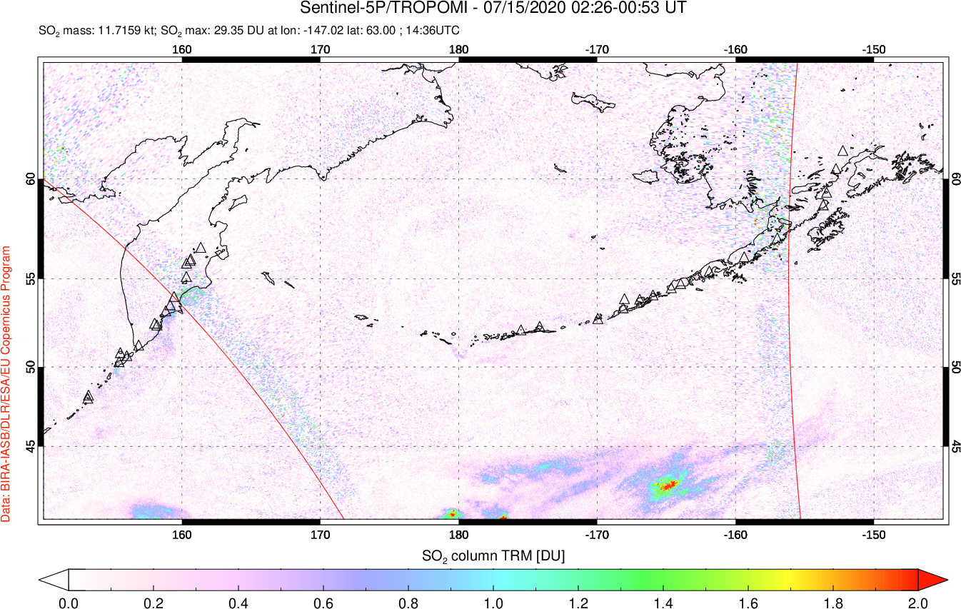 A sulfur dioxide image over North Pacific on Jul 15, 2020.