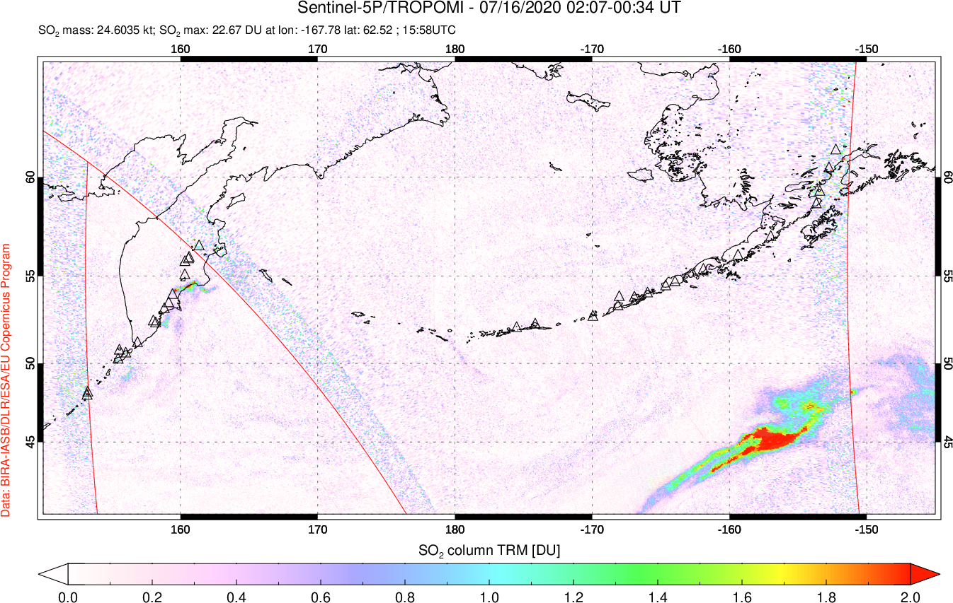 A sulfur dioxide image over North Pacific on Jul 16, 2020.
