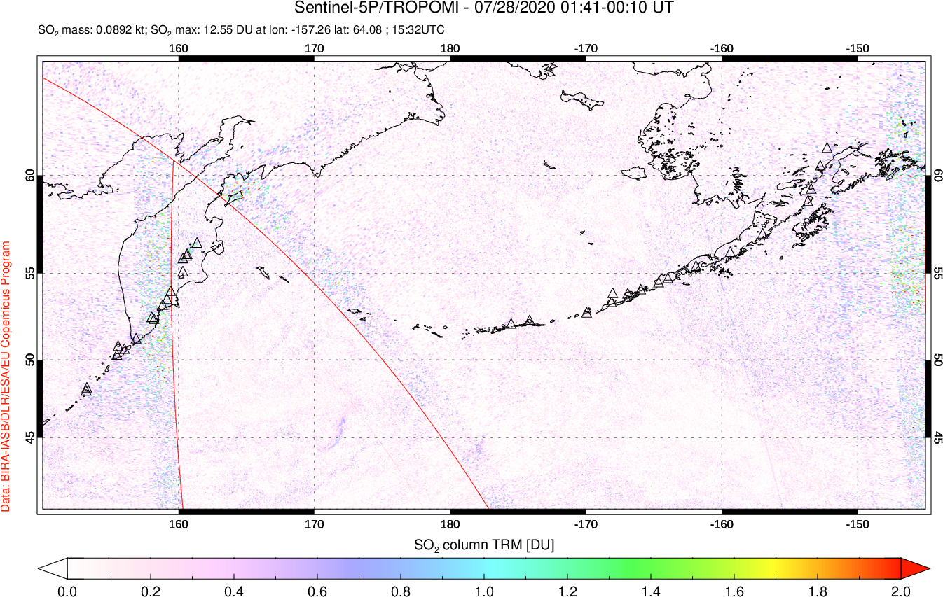 A sulfur dioxide image over North Pacific on Jul 28, 2020.