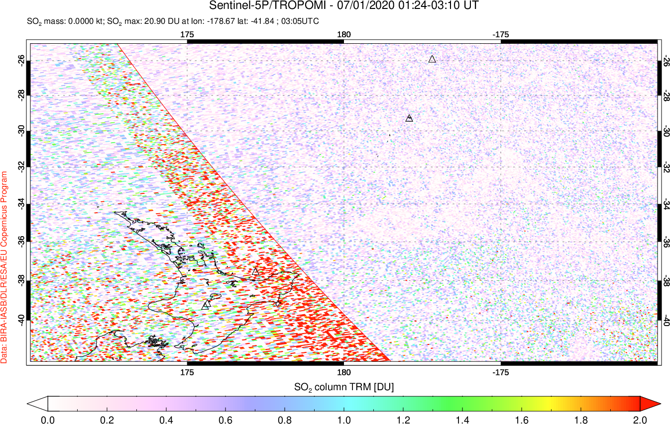 A sulfur dioxide image over New Zealand on Jul 01, 2020.