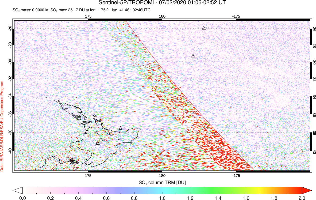 A sulfur dioxide image over New Zealand on Jul 02, 2020.