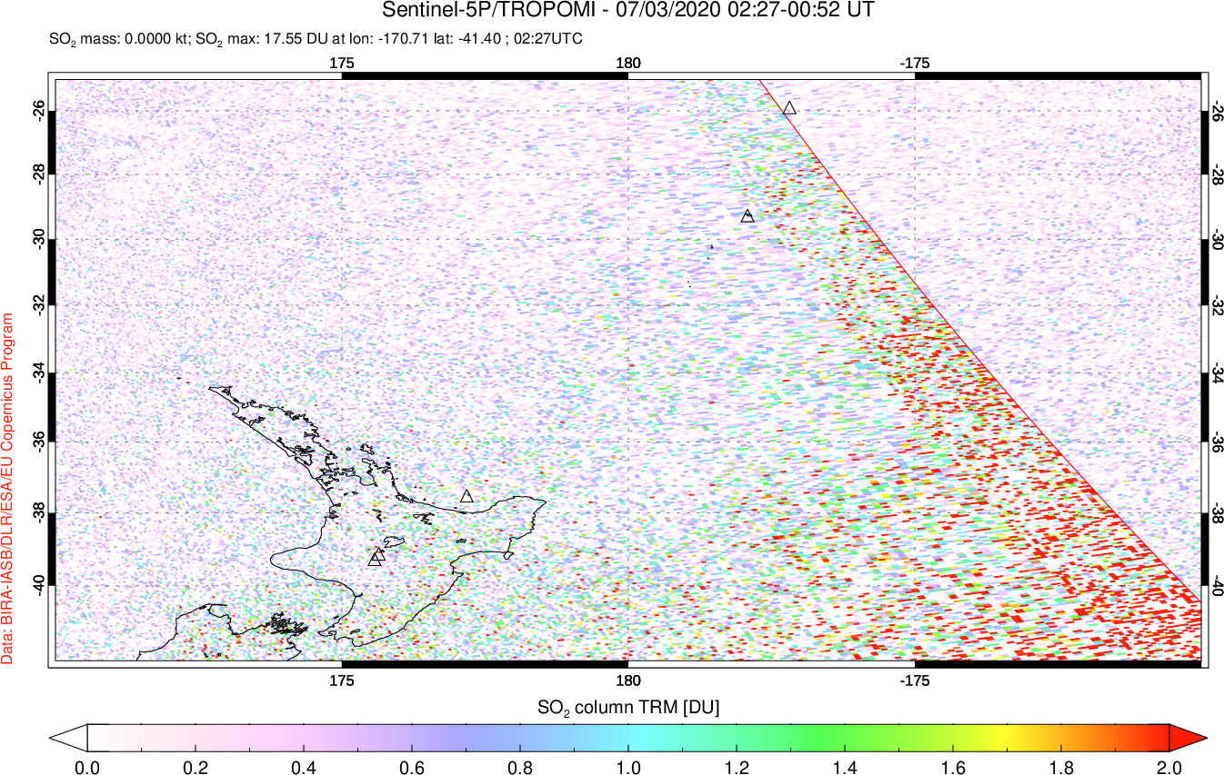 A sulfur dioxide image over New Zealand on Jul 03, 2020.