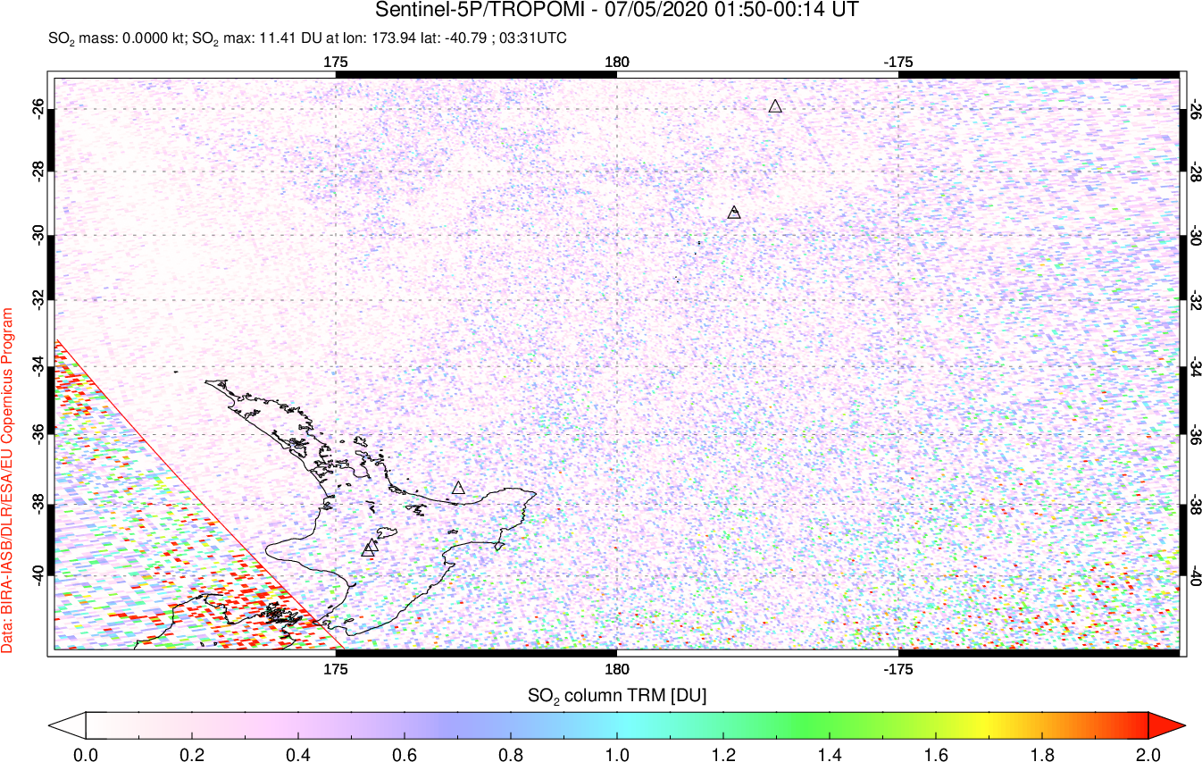 A sulfur dioxide image over New Zealand on Jul 05, 2020.