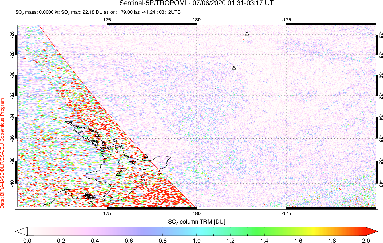 A sulfur dioxide image over New Zealand on Jul 06, 2020.