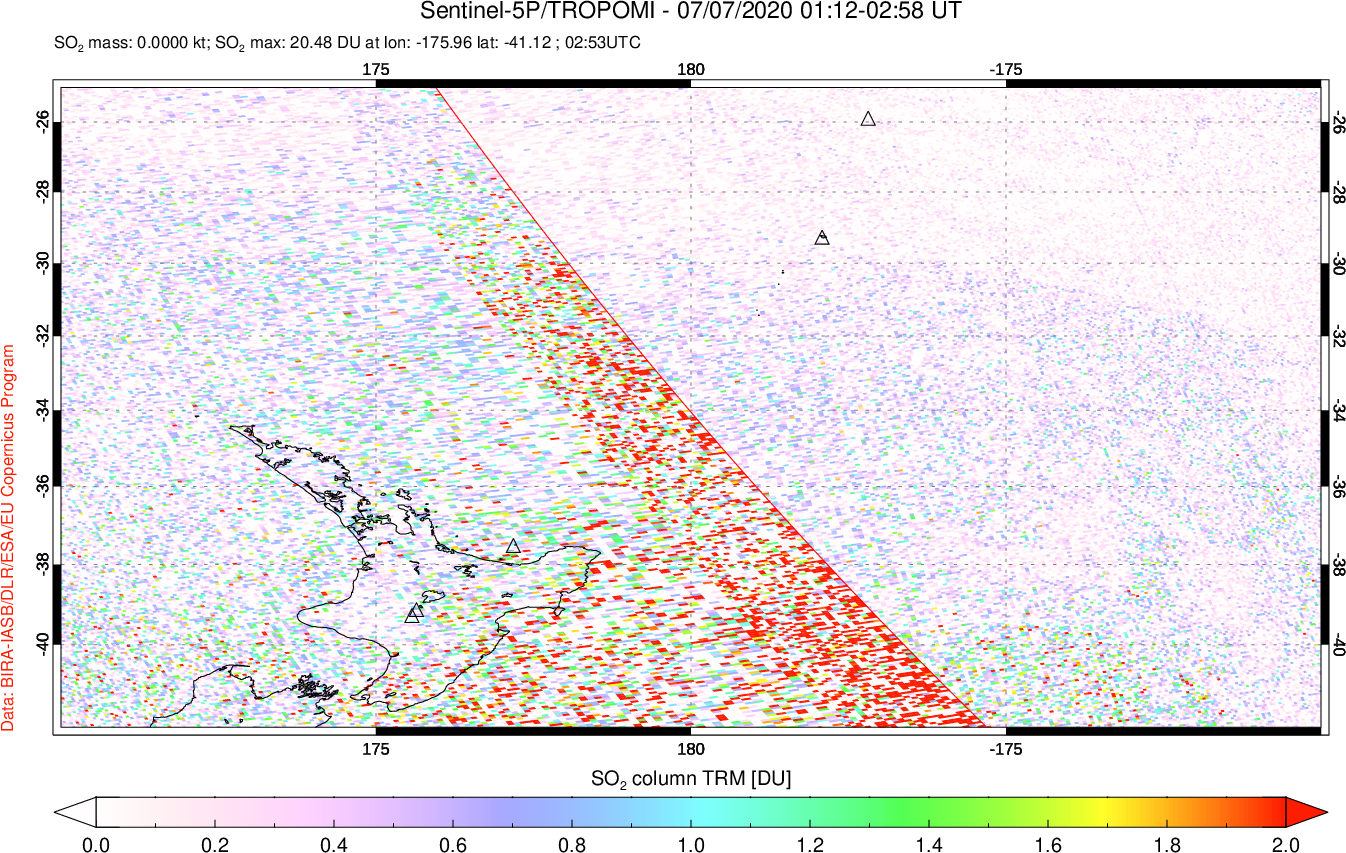 A sulfur dioxide image over New Zealand on Jul 07, 2020.