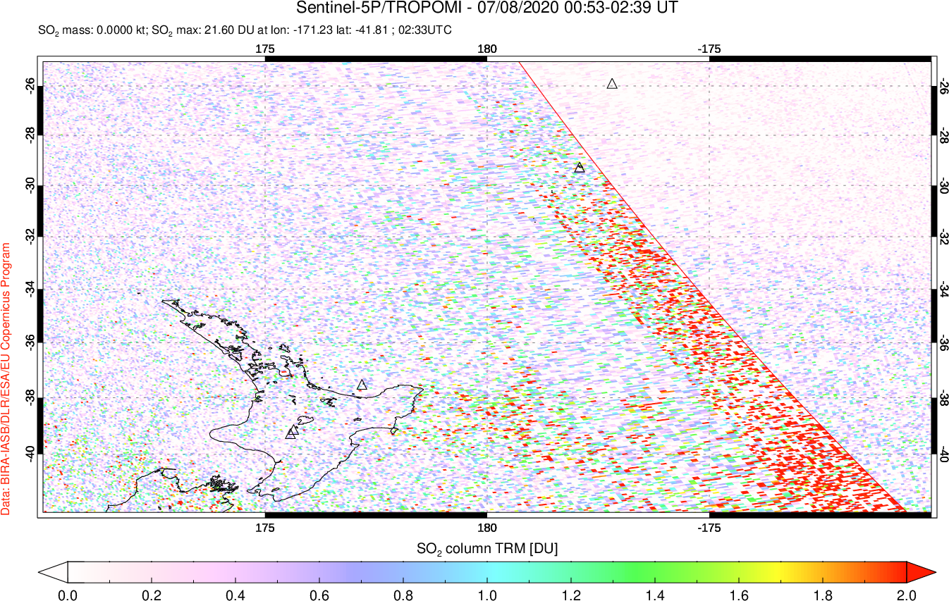 A sulfur dioxide image over New Zealand on Jul 08, 2020.