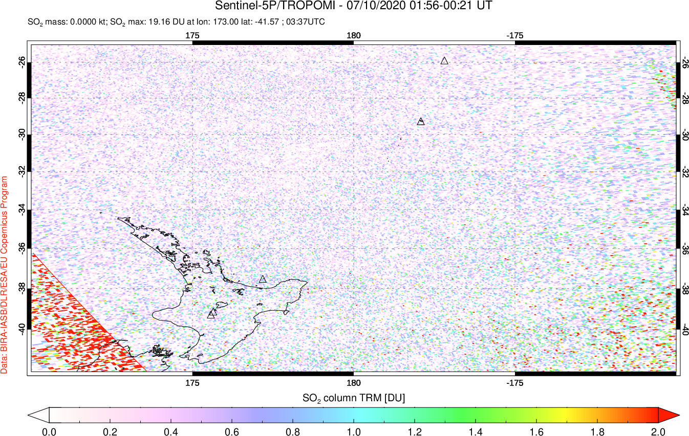 A sulfur dioxide image over New Zealand on Jul 10, 2020.