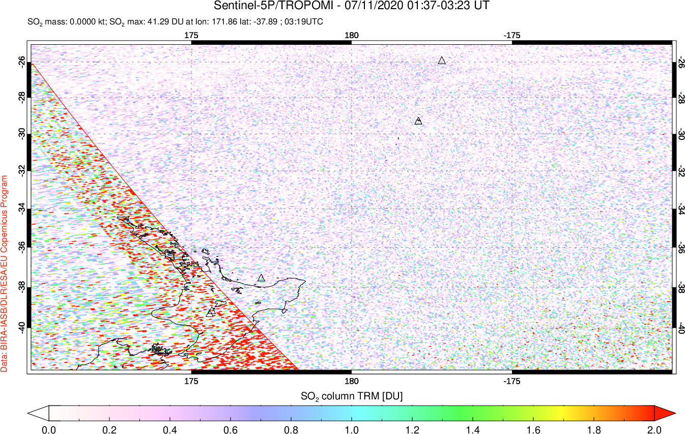 A sulfur dioxide image over New Zealand on Jul 11, 2020.