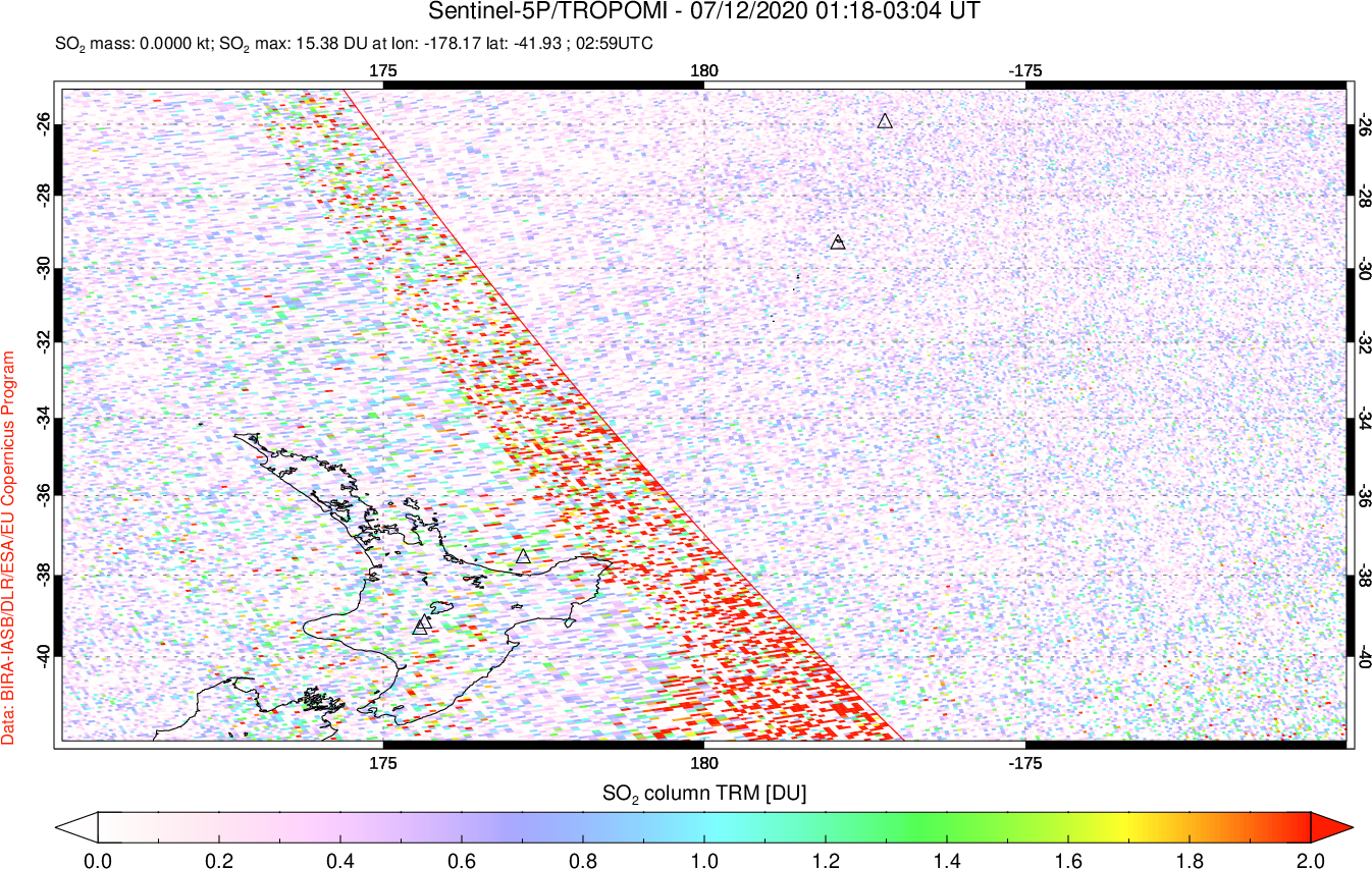 A sulfur dioxide image over New Zealand on Jul 12, 2020.