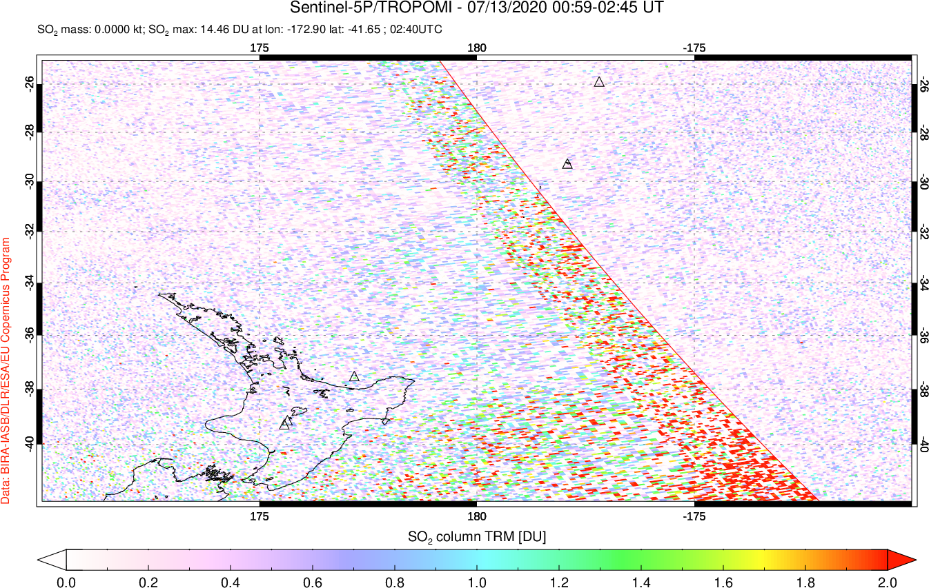 A sulfur dioxide image over New Zealand on Jul 13, 2020.