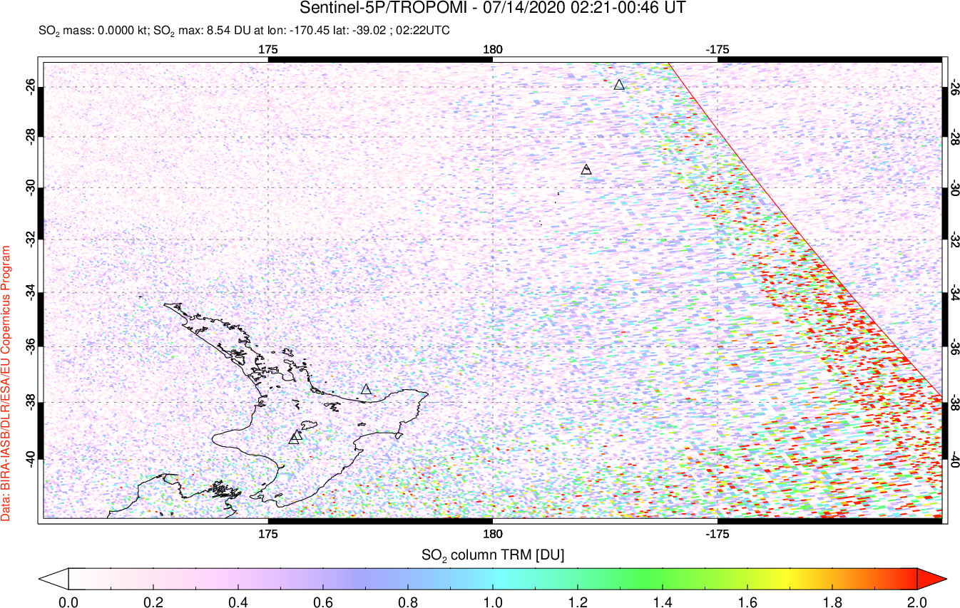 A sulfur dioxide image over New Zealand on Jul 14, 2020.