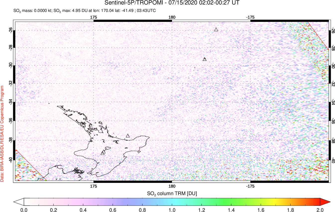 A sulfur dioxide image over New Zealand on Jul 15, 2020.
