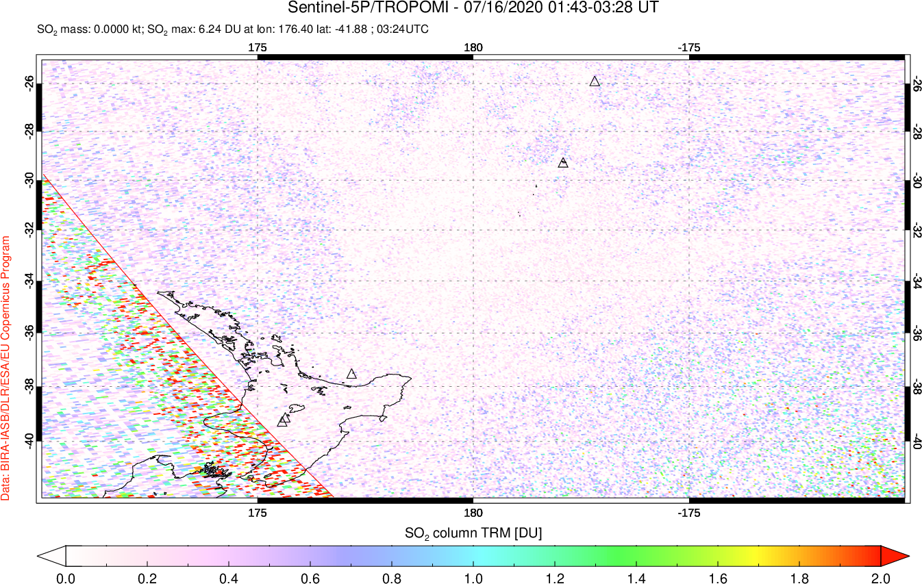 A sulfur dioxide image over New Zealand on Jul 16, 2020.