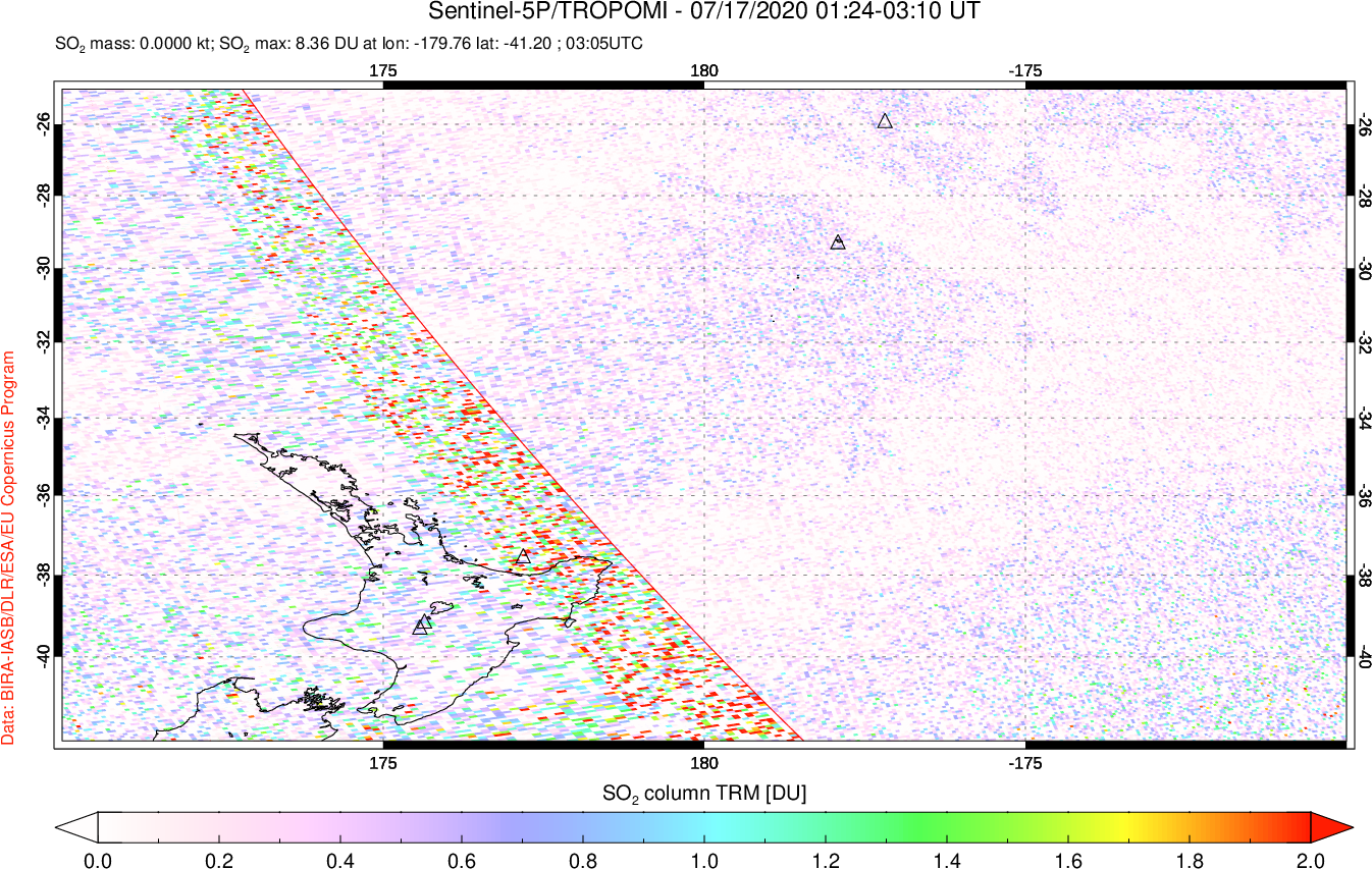 A sulfur dioxide image over New Zealand on Jul 17, 2020.