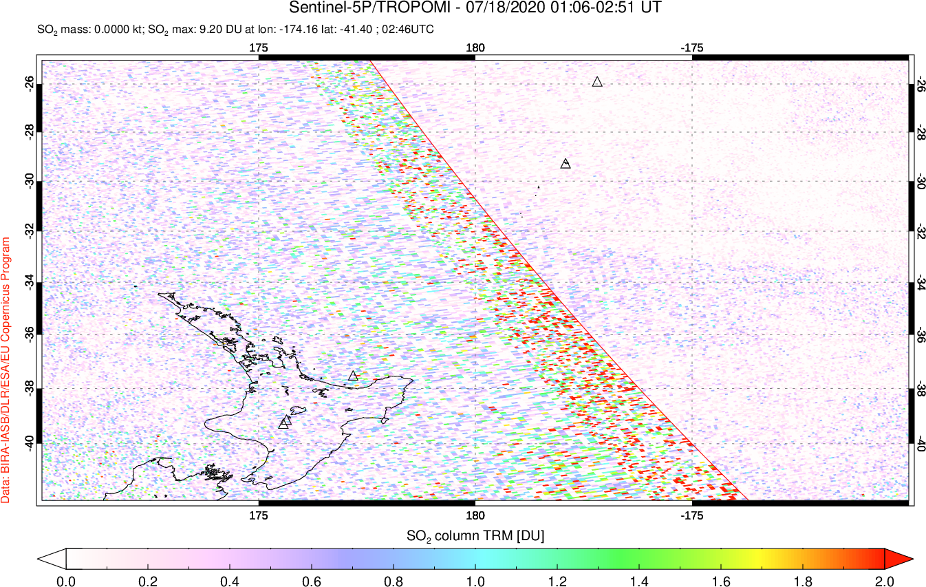 A sulfur dioxide image over New Zealand on Jul 18, 2020.