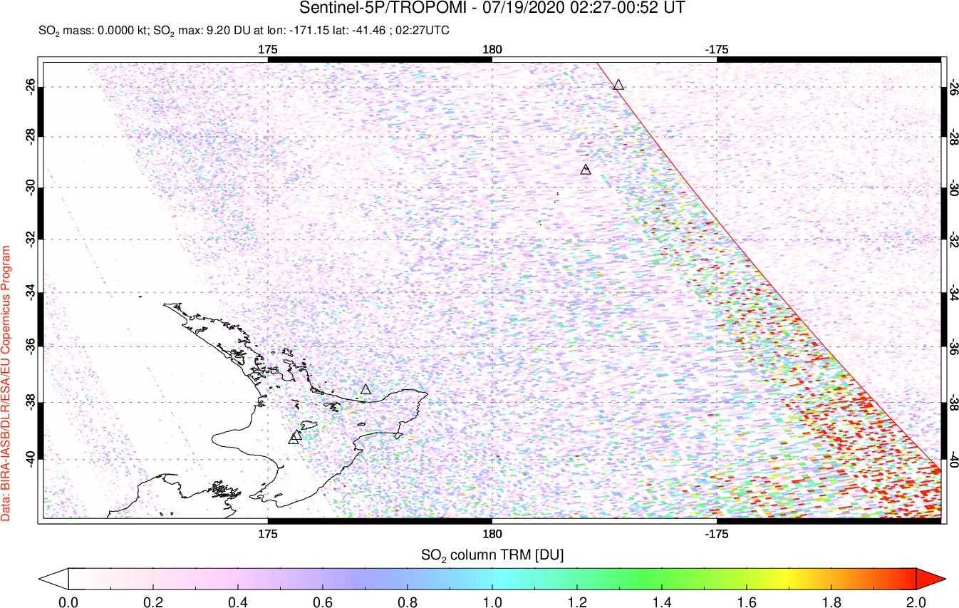 A sulfur dioxide image over New Zealand on Jul 19, 2020.