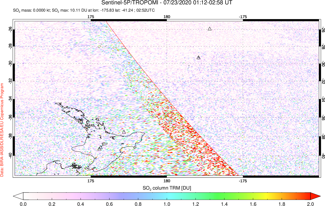 A sulfur dioxide image over New Zealand on Jul 23, 2020.