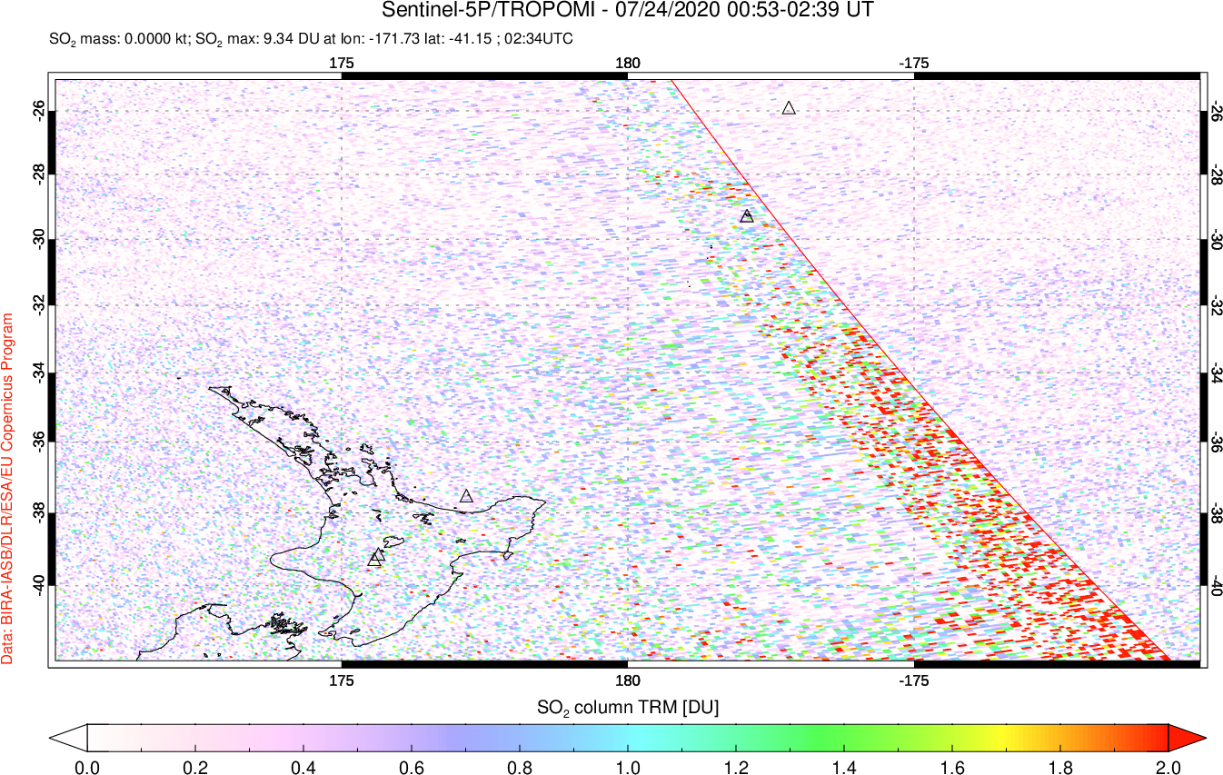 A sulfur dioxide image over New Zealand on Jul 24, 2020.