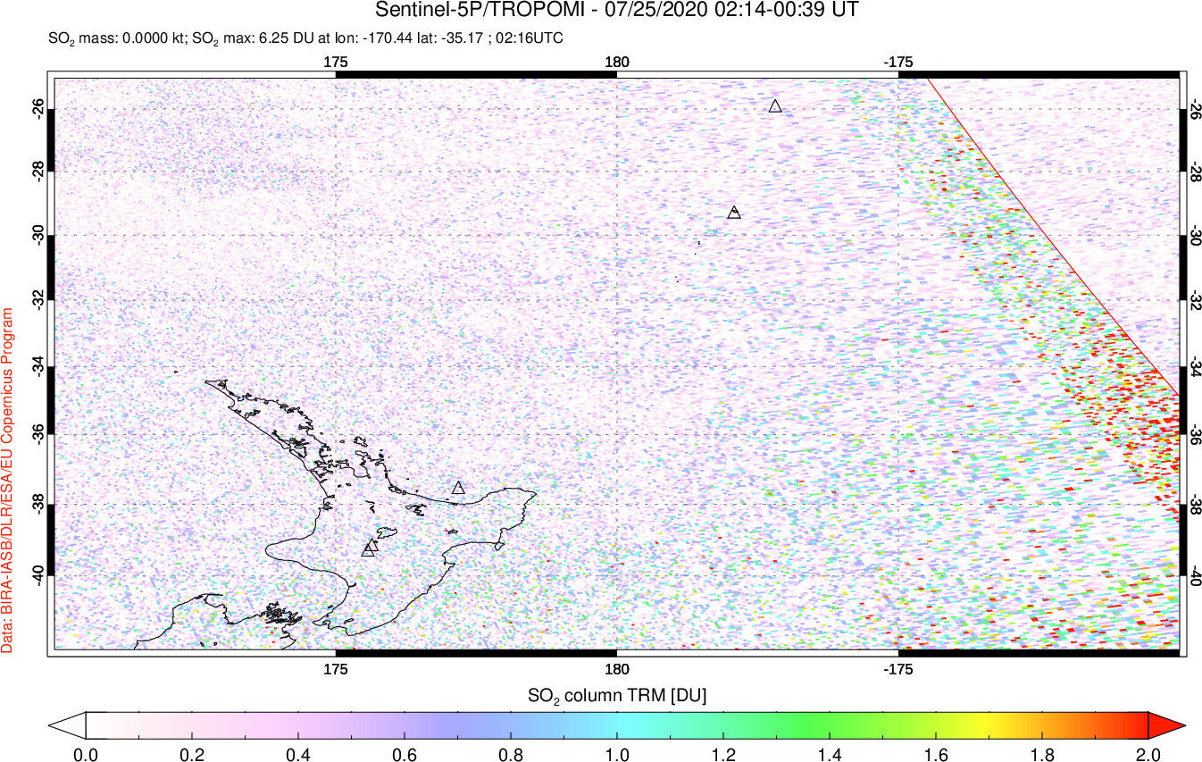 A sulfur dioxide image over New Zealand on Jul 25, 2020.